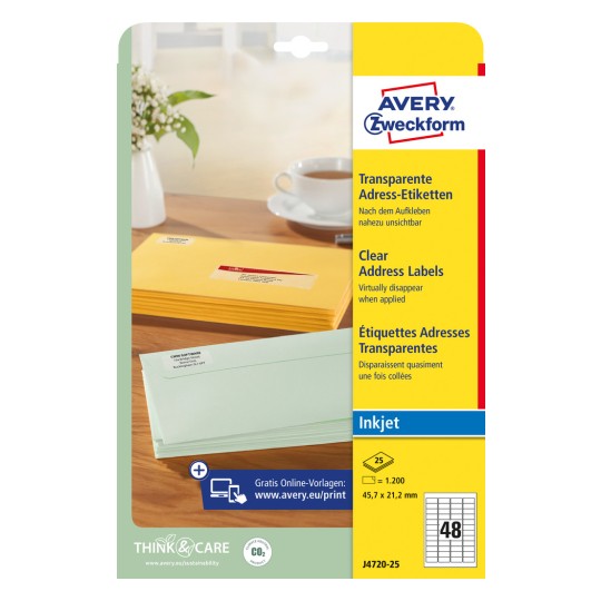 Slika pakiranja: Avery Zweckform prozirne naljepnice za slanje, za inkjet pisače, Artikl: J4720-25, Format: 45,7 x 21,2 mm, Prikladnost za pisač: inkjet, Sadržaj: 1.200 naljepnica / 25 listova, 48 naljepnica/list?