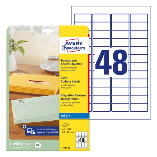 Slika pakiranja s listom etiketa: Avery Zweckform adrese-etikete, artikal: J4720-25, format: 45,7 x 21,2 mm, prikladno za ispis: Inkjet, sadržaj: 1.200 etiketa / 25 listova, 48 etiketa/ list?