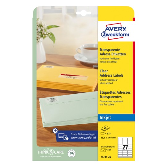 Slika pakiranja: Avery Zweckform prozirne naljepnice za slanje, za inkjet pisače, artikel: J4721-25, format: 63,5 x 29,6 mm, pogodnost za pisače: inkjet, sadržaj: 675 naljepnica / 25 listova, 27 naljepnica/ list?
