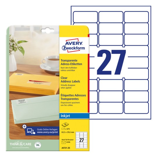 Pakiranje sa listovima etiketa: Avery Zweckform adresne etikete, Artikl: J4721-25, Format: 63,5 x 29,6 mm, Pogodnost za pisač: Inkjet, Sadržaj: 675 etiketa / 25 listova, 27 etiketa/list.