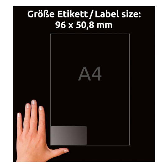 Usporedba veličine s rukom, Artikal: J4722-25, jedan list poštanskih naljepnica, format: 96 x 50,8 mm, boja: Prozirna?