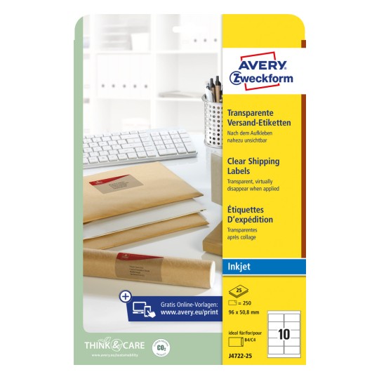 Slika pakiranja: Avery Zweckform Prozirne poštanske naljepnice, za inkjet pisače, artikl: J4722-25, format: 96 x 50,8 mm, prikladno za: inkjet, sadržaj: 250 naljepnica / 25 listova, 10 naljepnica/list?