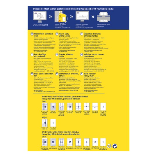 Slika prikazuje razne vrste Avery etiketa s tehničkim specifikacijama na više jezika. Uključuje detalje o etiketama otpornim na vremenske uvjete, bijelim etiketama za teške uvjete rada, i njihovu kompatibilnost s laserskim i inkjet pisačima. Raspored prikazuje veličine etiketa i šifre proizvoda.
