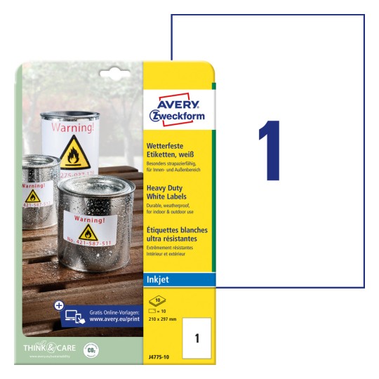 Slika pakiranja s arkom naljepnica: Avery Zweckform vremenski otporne folijske naljepnice, artikal: J4775-10, format: 210 x 297 mm, prikladnost za pisače: Inkjet, sadržaj: 10 naljepnica / 10 listova, 1 naljepnica/list?