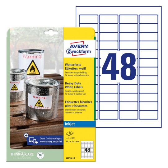 Pakiranje s listom naljepnica: Avery Zweckform Vodootporne folijske naljepnice, Artikal: J4778-10, Format: 45,7 x 21,2 mm, Pogodno za ispis: Inkjet, Sadržaj: 480 naljepnica / 10 listova, 48 naljepnica / list?