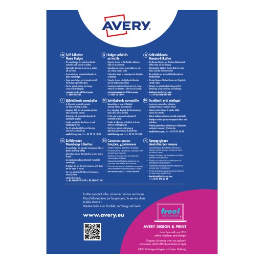 Slika prikazuje reklamu za samoljepljive oznake s imenom od Avery. Sadrži informacije na više jezika o oznakama, njihovoj upotrebljivosti te savjete za ispis i pohranu. Također sadrži kontakt podatke za korisničku službu i QR kod za dodatne informacije.