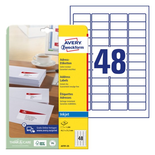 Slika pakiranja s listom naljepnica: Avery Zweckform adresne naljepnice, artikl: J4791-25, format: 45,7 x 21,2 mm, prikladnost za pisač: Inkjet, sadržaj: 1.200 naljepnica / 25 listova, 48 naljepnica/list.