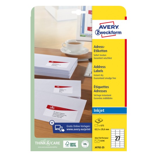 Slik pakiranja: Avery Zweckform bijele otpremne naljepnice, za inkjet pisače, artikl: J4792-25, format: 63,5 x 29,6 mm, prikladno za pisače: inkjet, sadržaj: 675 naljepnica / 25 listova, 27 naljepnica/list?