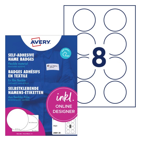 Slika pakiranja s listom naljepnica: Avery Zweckform naljepnice s imenom, artikl: J4881-20, format: ⌀ 65 mm, prikladno za: Inkjet, sadržaj: 160 naljepnica / 20 listova.