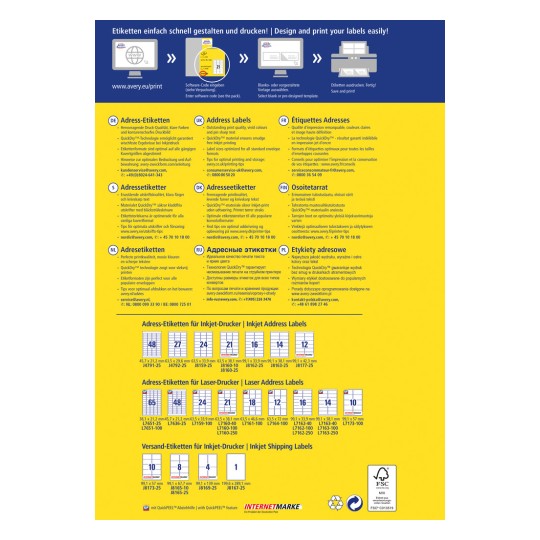 Slika je informativna grafika o dizajniranju i tiskanju naljepnica. Sadrži tekst na više jezika s savjetima, kontakt informacijama i specifikacijama za adrese i naljepnice za otpremu. Prikazuje formate i veličine naljepnica za tintne i laserske pisače.