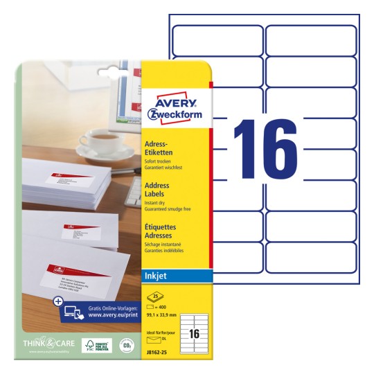 Slik pakiranja s arkom naljepnica: Avery Zweckform adresne naljepnice, artikl: J8162-25, format: 99,1 x 33,9 mm, pogodnost za ispis: inkjet, sadržaj: 400 naljepnica / 25 listova, 16 naljepnica/list?