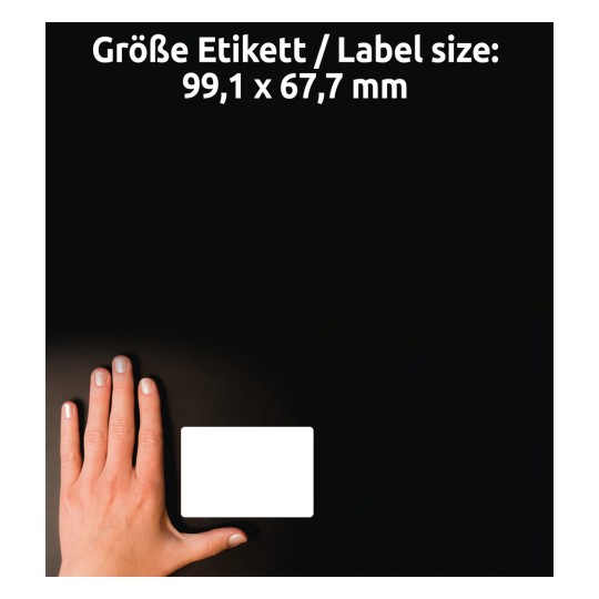 Usporedba veličine s rukom, artikl: J8165-25, jedan list otpremnih etiketa, format: 99,1 x 67,7 mm, boja: bijela.