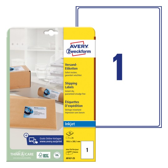 Slika pakiranja s listom etiketa: Avery Zweckform poštanske etikete, artikal: J8167-25, format: 199,6 x 289,1 mm, pogodno za tisak: Inkjet, sadržaj: 25 etiketa / 25 listova, 1 etiketa/list?
