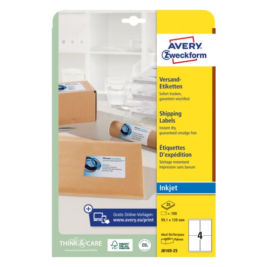 Slik proizvoda: Avery Zweckform Bijele etikete za slanje, za inkjet pisače, Artikl: J8169-25, Format: 99,1 x 139 mm, Prikladnost za pisač: Inkjet, Sadržaj: 100 etiketa / 25 listova, 4 etikete/list?