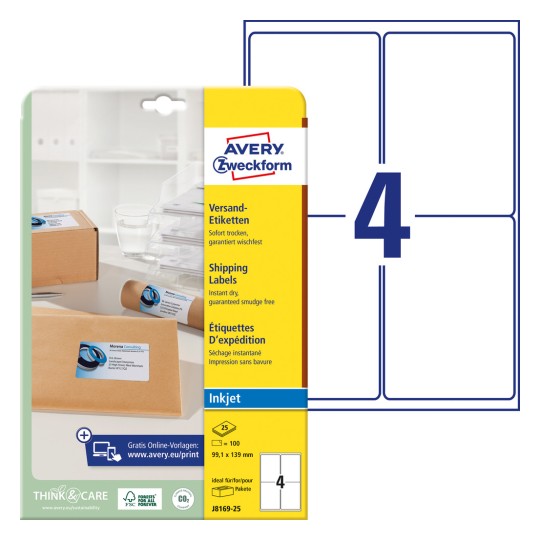 Slika pakiranja s arkom naljepnica: Avery Zweckform poštanske naljepnice, artikl: J8169-25, format: 99,1 x 139 mm, prikladno za pisač: Inkjet, sadržaj: 100 naljepnica / 25 araka, 4 naljepnice/arak?