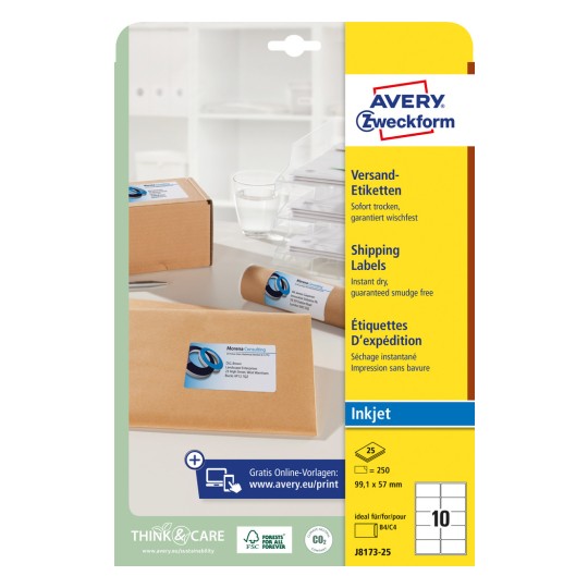 Slika pakiranja: Avery Zweckform Bijele poštanske naljepnice, za inkjet pisače, Artikl: J8173-25, Format: 99,1 x 57 mm, Pogodno za pisač: Inkjet, Sadržaj: 250 naljepnica / 25 listova, 10 naljepnica/ list?