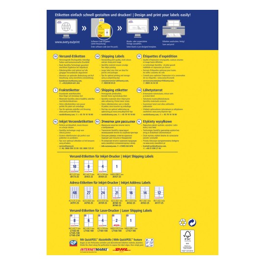 Slika je informativna grafika o dizajniranju i tiskanju etiketa, sadrži različite vrste etiketa i njihove specifikacije, upute na više jezika te informacije o tvrtki.