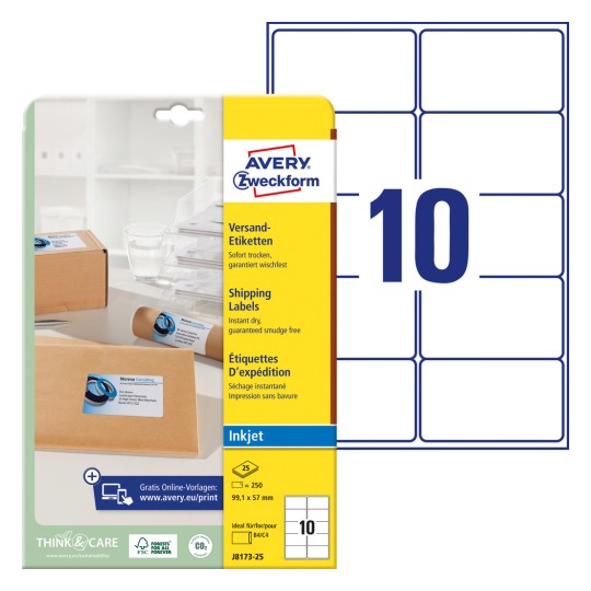 Slika pakiranja s arkom naljepnica: Avery Zweckform dostavne naljepnice, artikl: J8173-25, format: 99,1 x 57 mm, prikladno za: Inkjet, sadržaj: 250 naljepnica / 25 listova, 10 naljepnica/ list?