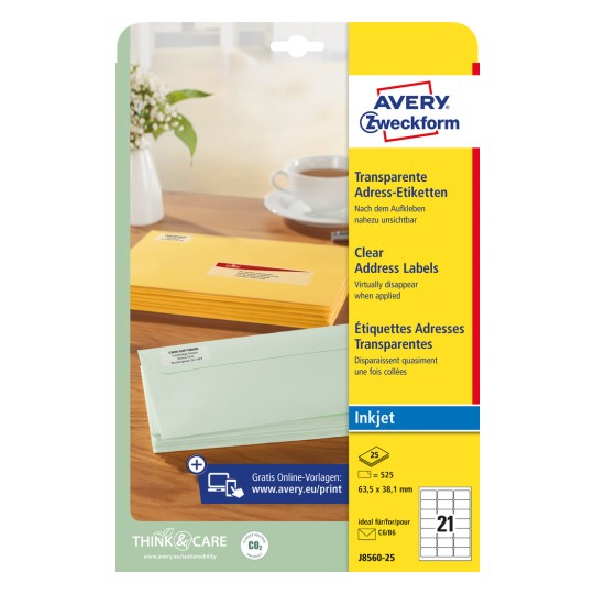 Slika pakiranja: Avery Zweckform prozirne naljepnice za otpremu, za inkjet pisače, artikl: J8560-25, format: 63,5 x 38,1 mm, prikladnost pisača: Inkjet, sadržaj: 525 naljepnica / 25 listova, 21 naljepnica/list?