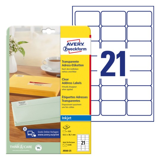 Slika pakiranja s listom naljepnica: Avery Zweckform adresne naljepnice, Artikl: J8560-25, Format: 63,5 x 38,1 mm, Pogodnost za ispis: Inkjet, Sadržaj: 525 naljepnica / 25 listova, 21 naljepnica/listu.