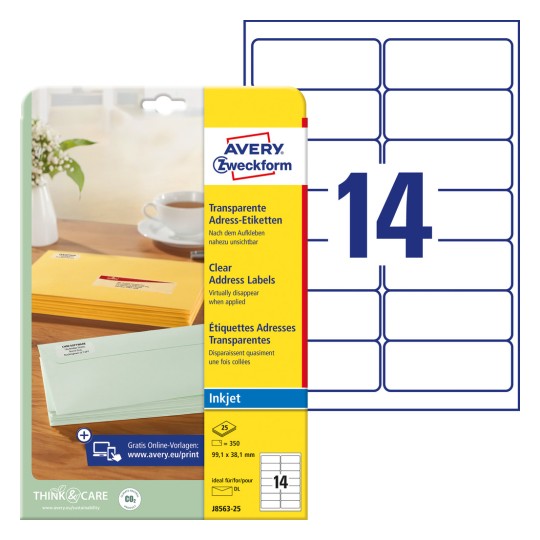 Slika pakiranja s etiketama: Avery Zweckform adresne etikete, artikl: J8563-25, format: 99,1 x 38,1 mm, prikladno za: inkjet, sadrži: 350 etiketa / 25 listova, 14 etiketa/listu.
