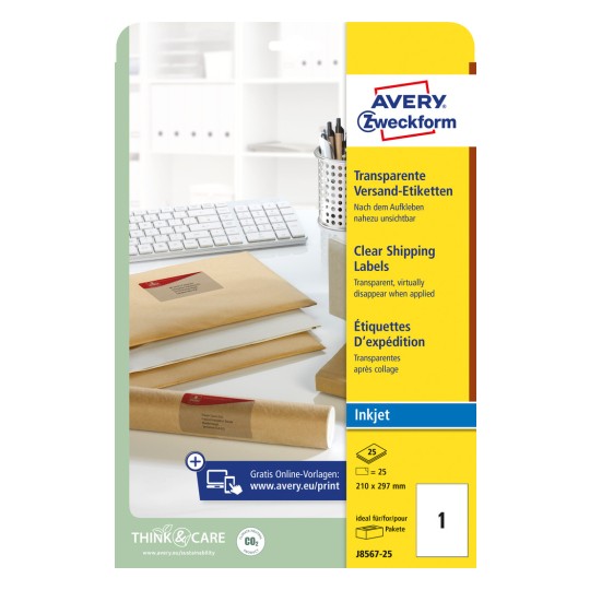 Slikovna oznaka pakiranja: Avery Zweckform prozirne naljepnice za slanje, za inkjet pisače, artikl: J8567-25, format: 210 x 297 mm, pogodnost za pisač: inkjet, sadržaj: 25 naljepnica / 25 listova, 1 naljepnica/list?