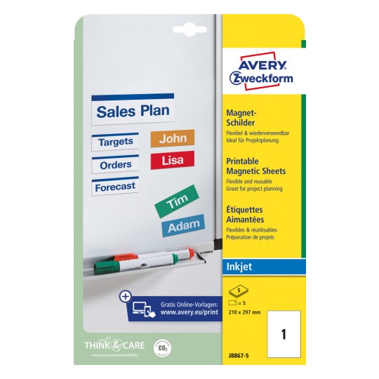 Pakiranje: Avery Zweckform magnetske pločice, Artikl: J8867-5, Format: 210 x 297 mm, Pogodno za printer: Inkjet, Sadržaj: 5 etiketa / 5 listova, 1 etiketa/list?