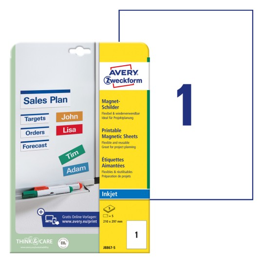 Sliku pakiranja s listom etiketa: Avery Zweckform Magnetne oznake, artikl: J8867-5, format: 210 x 297 mm, pogodnost za ispis: Inkjet, sadržaj: 5 etiketa / 5 listova, 1 etiketa/list.