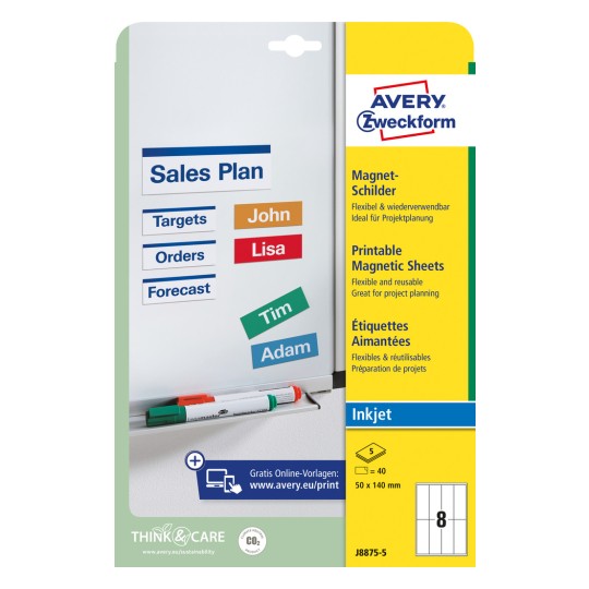 Slika pakiranja: Avery Zweckform magnetski znakovi, artikl: J8875-5, format: 50 x 140 mm, pogodnost za printer: Inkjet, sadržaj: 40 etiketa / 5 listova, 8 etiketa/list.