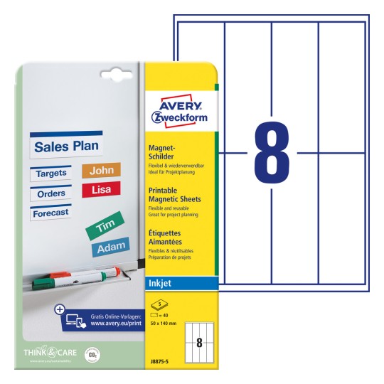 Slika pakiranja s listovima naljepnica: Avery Zweckform magnetske oznake, artikl: J8875-5, format: 50 x 140 mm, pogodnost za tiskanje: inkjet, sadržaj: 40 naljepnica / 5 listova, 8 naljepnica/list.