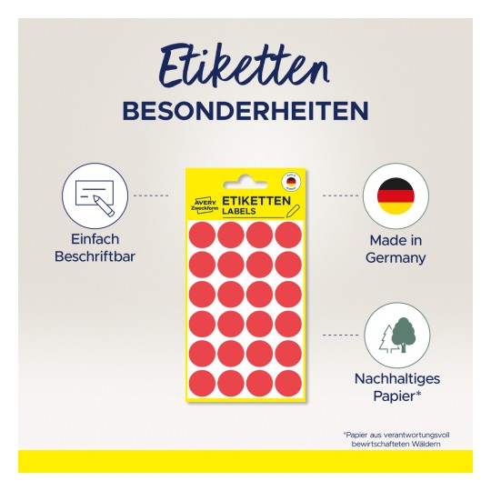 Ova slika prikazuje pakiranje produkta za Avery Zweckform etikete, s crvenim okruglim etiketama na žutoj kartici. Opisi navode da su pogodne za pisanje, proizvedene u Njemačkoj i izrađene od održivog papira.