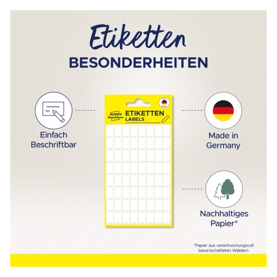 Slika prikazuje paket proizvoda za etikete tvrtke Avery Zweckform, naglašavajući da su jednostavne za pisanje, proizvedene u Njemačkoj i tiskane na održivom papiru.