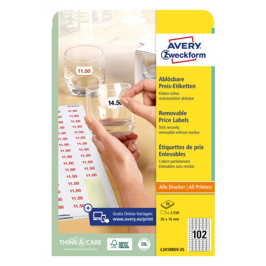 Slik prikaza pakiranja: Avery Zweckform etikete s cijenama, Artikl: L3410REV-25, Format: 26 x 16 mm, prikladno za pisače: Inkjet, laserski crno-bijelo, kolor laser, Sadržaj: 2.550 etiketa / 25 listova, 102 etikete/ list?