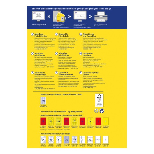 Slika prikazuje vodič za ispis naljepnica i informacije o proizvodu za uklonjive cjenovne naljepnice, uključujući značajke i dimenzije na različitim jezicima.