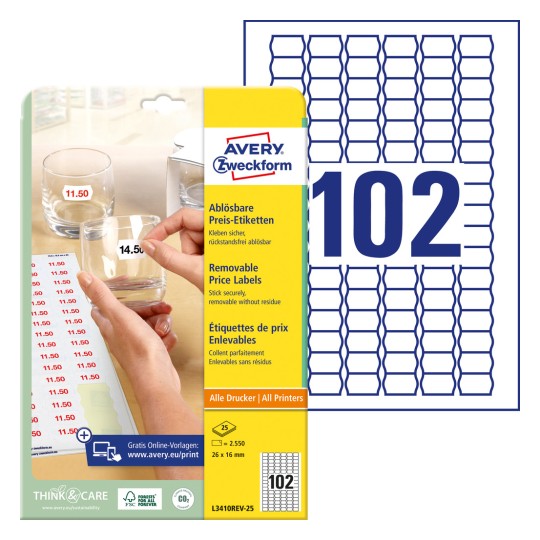 Slika paketa s listom etiketa: Avery Zweckform cijene-etikete, Artikl: L3410REV-25, Format: 26 x 16 mm, Pogodno za tiskanje: Inkjet, Crno-bijeli laser, Laser u boji, Sadržaj: 2.550 etiketa / 25 listova, 102 etikete/list?