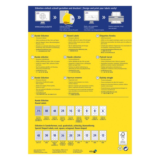 Slika sadrži informacije o dizajniranju i ispisu okruglih naljepnica, uključujući savjete za optimalan ispis i različite veličine naljepnica na različitim jezicima.