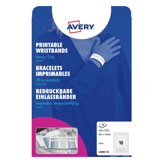 Slika pakiranja: Avery Zweckform, Artikal: L4000-10, Format: 265 x 18 mm, Pogodnost za pisač: Laserski pisač u boji, laserski pisač, Sadržaj: 100 narukvica / 10 listova.