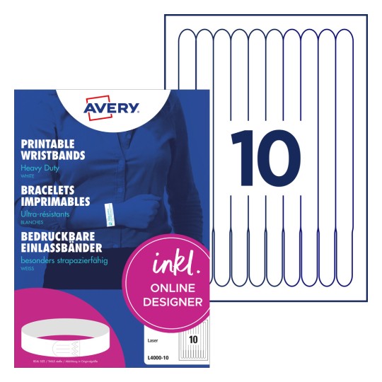 Slika pakiranja s listom naljepnica: Avery Zweckform narukvice za ulaz, Artikl: L4000-10, Format: 265 x 18 mm, Pogodno za pisače: kolor laser, laser, Sadržaj: 100 narukvica / 10 listova.