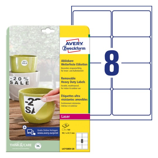 Slika pakiranja s listom etiketa: Avery Zweckform Vodootporne Etikete, odvojive, Artikl: L4715REV-20, Format: 99,1 x 67,7 mm, Pogodno za pisače: Crno-bijeli laser, Laserski printer u boji, Sadržaj: 160 etiketa / 20 listova, 8 etiketa/list.