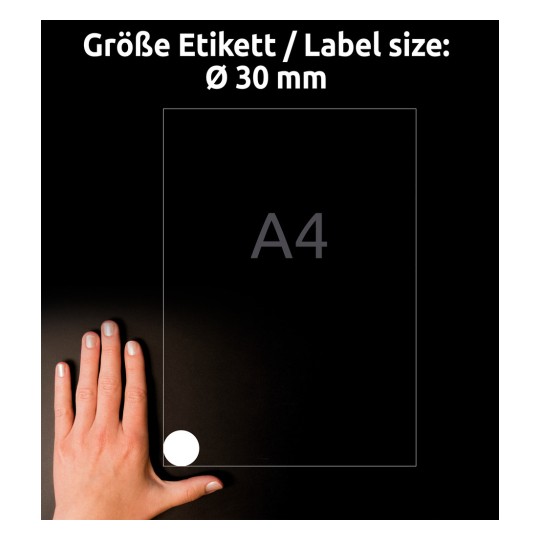 Usporedba veličine s rukom, Artikl: L4716-20, jedan list vodootpornih folijskih naljepnica, Format: ⌀ 30 mm, Boja: Bijela.