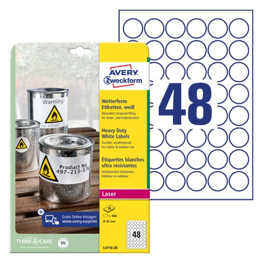 Slika pakiranja s listovima naljepnica: Avery Zweckform vodootporne folijske naljepnice, artikl: L4716-20, veličina: ⌀ 30 mm, prikladno za ispis: crno-bijeli laser, laserski u boji, sadržaj: 960 naljepnica / 20 listova, 48 naljepnica/list.