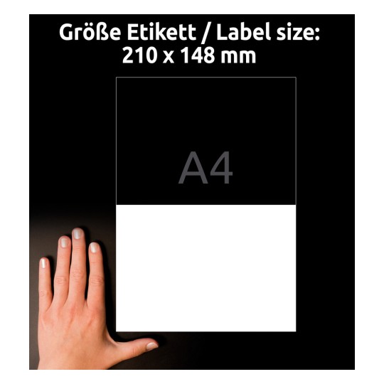 Usporedba veličine s rukom, Artikl: L4717-20, jedan list vremenski otpornih naljepnica od folije, format: 210 x 148 mm, boja: bijela?