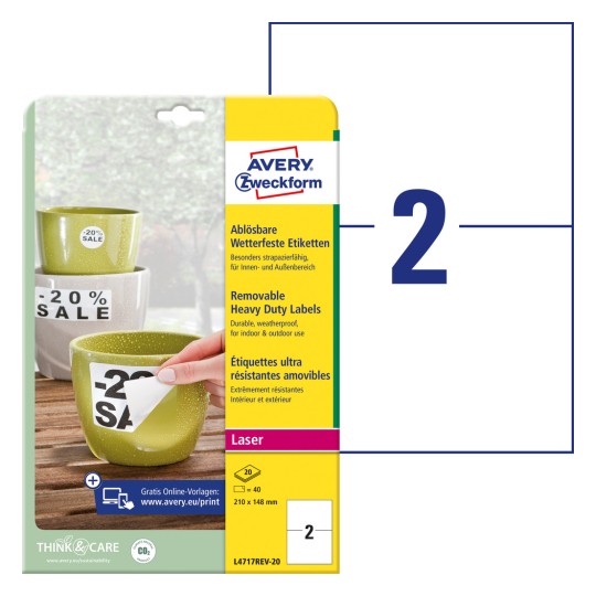 Slika pakiranja s listom naljepnica: Avery Zweckform Vodooporne naljepnice, odvojive, artikal: L4717REV-20, format: 210 x 148 mm, prikladnost za ispis: laserski crno/bijeli, kolor laser, sadržaj: 40 naljepnica / 20 listova, 2 naljepnice/list?