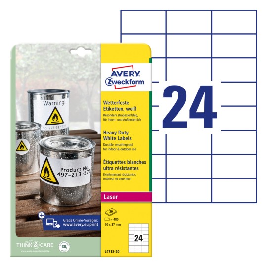 Slika pakiranja s listom naljepnica: Avery Zweckform Vodootporne folijske naljepnice, Artikl: L4718-20, Format: 70 x 37 mm, Pogodnost za ispis: Laser crno-bijeli, laserski u boji, Sadržaj: 480 naljepnica / 20 listova, 24 naljepnice po listu.