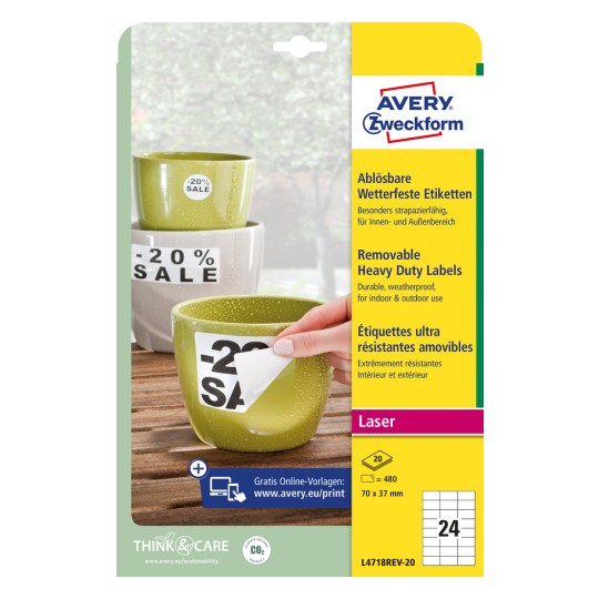 Slika pakiranja: Avery Zweckform Vremenski otporne folijske naljepnice, odvojive, artikal: L4718REV-20, format: 70 x 37 mm, pogodnost za ispis: laserski crno-bijeli, laserski u boji, sadržaj: 480 naljepnica / 20 listova, 24 naljepnice/list?