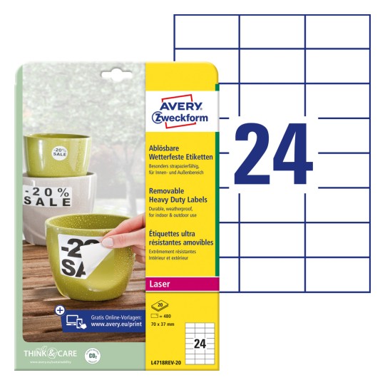 Pakiranje s listom etiketa: Avery Zweckform vremenski otporne etikete, odvojive, artikl: L4718REV-20, format: 70 x 37 mm, pogodnost za ispis: crno-bijeli laser, laserski u boji, sadržaj: 480 etiketa / 20 listova, 24 etikete/list?