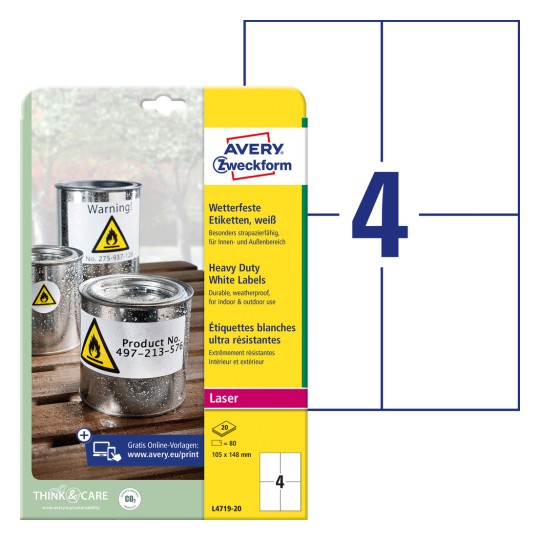 Slika pakiranja s listom naljepnica: Avery Zweckform Vodootporne folijske naljepnice, Artikl: L4719-20, Format: 105 x 148 mm, Pogodno za ispis: laserski crno/bijeli, laserski u boji, Sadržaj: 80 naljepnica / 20 listova, 4 naljepnice po listu.