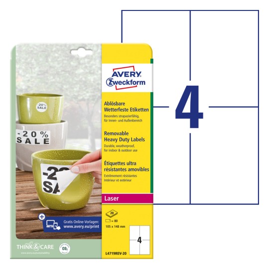 Slika pakiranja s listom naljepnica: Avery Zweckform otporne na vremenske uvjete naljepnice, odvojive, artikl: L4719REV-20, format: 105 x 148 mm, prikladno za ispis: crno-bijeli laser, kolor laser, sadržaj: 80 naljepnica / 20 listova, 4 naljepnice/list?