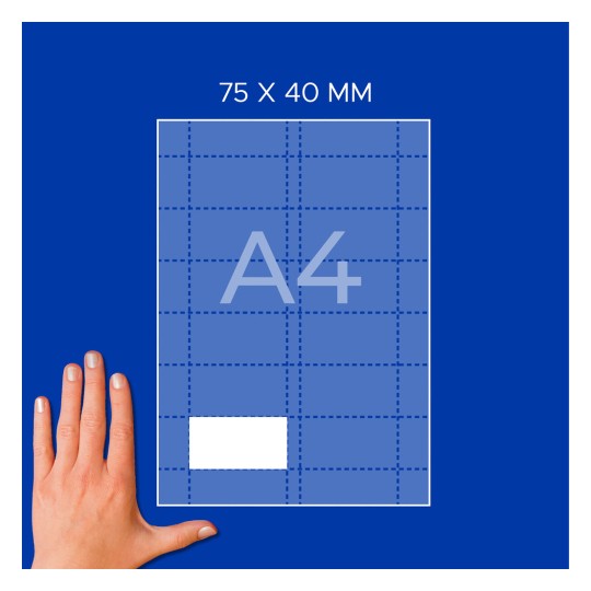 Ruka pored dijagrama A4 lista s mrežom, bijelim pravokutnikom i oznakom „75 x 40 mm“?