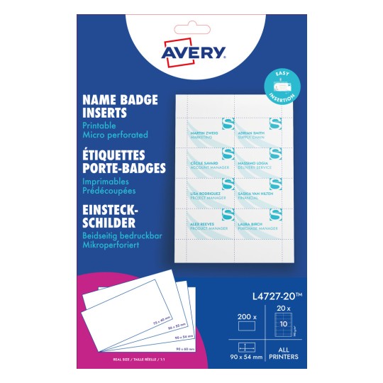 Slika pakiranja: Avery Zweckform, Artikl: L4727-20, Format: 54 x 90 mm, Prikladno za ispis: Inkjet, kolor laser, crno-bijeli laser, kopirke, Sadržaj: 200 umetnih oznaka / 20 listova.